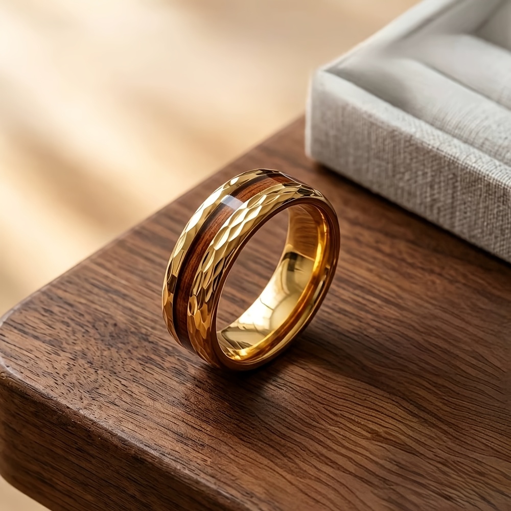 Men's 18K Gold Plated Wood Grain Ring, Waterproof Design
